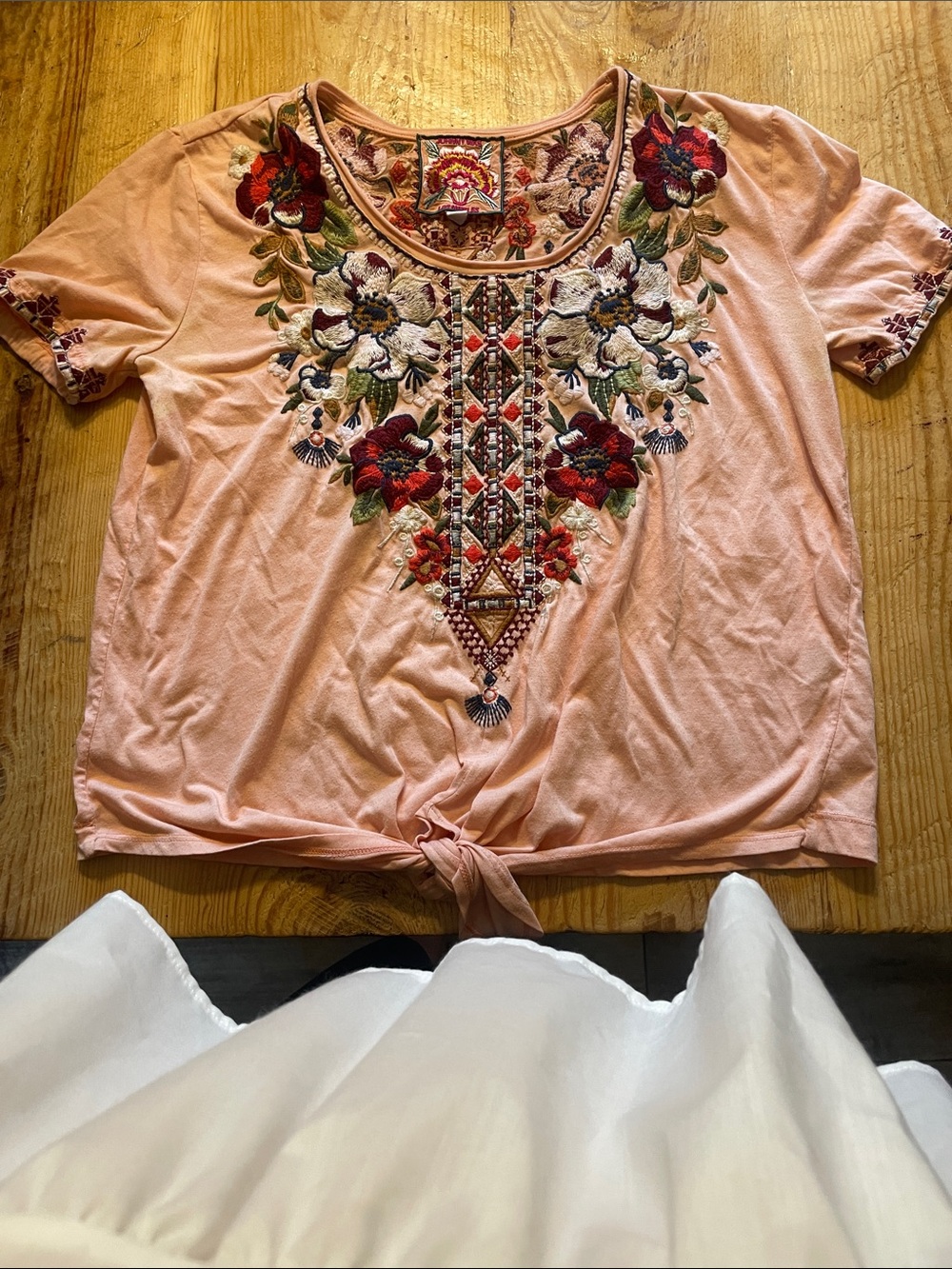 Johnny Was Embroidered Boho Tie-Front Top - Peach Pink